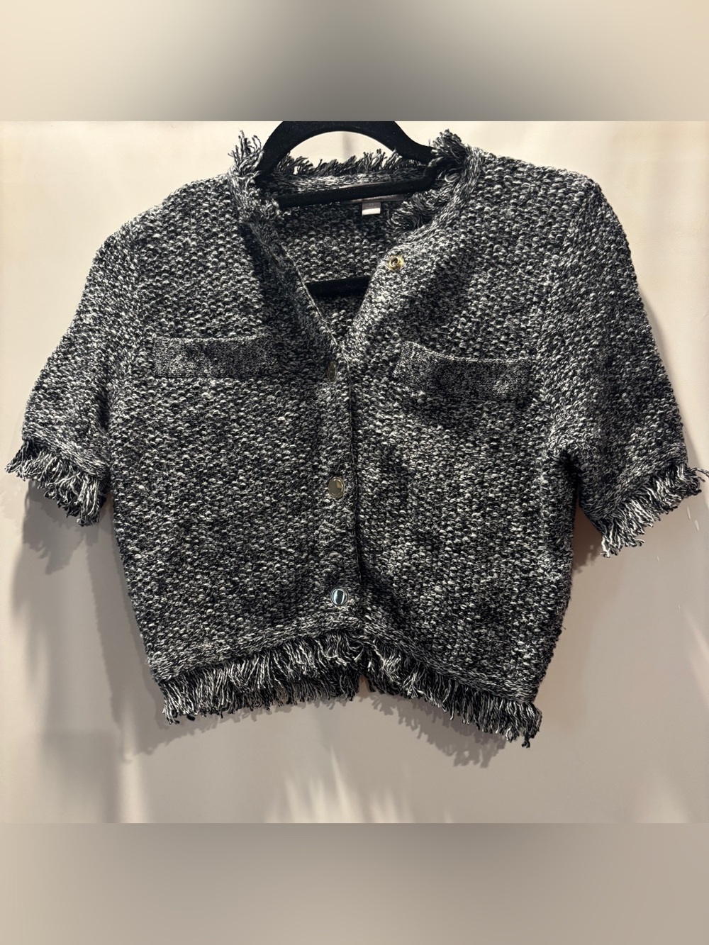 JCrew Women's Black & Gray Cropped Fringe-Trim Lady Jacket Pockets In Front XS